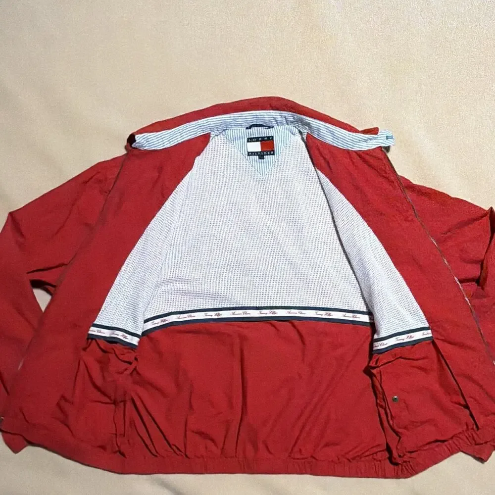 VTG Tommy Hilfiger Mens Red Harrington Sailing Coat Sz L Full Zip Logo Pockets